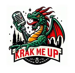 Krak me up Comedy logo, a green dragon holding a microphone