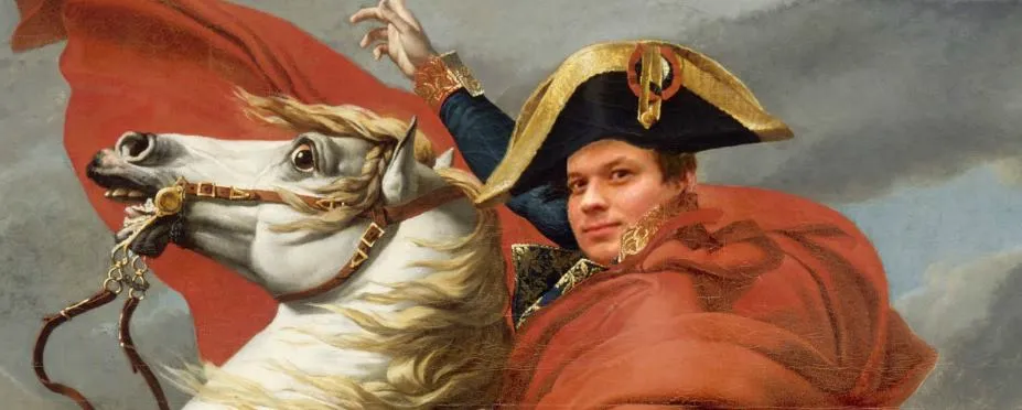 Konrad's face on Napoleon in David's Crossing the Alps, astride the rearing white horse